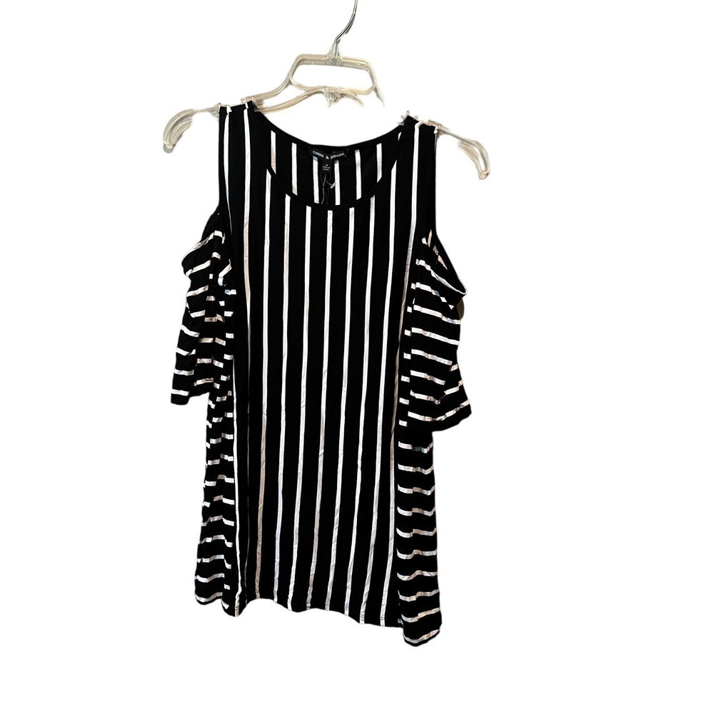 Cable & Gauge Top Women's Medium‎ Black White Striped Cold Shoulder Round Neck